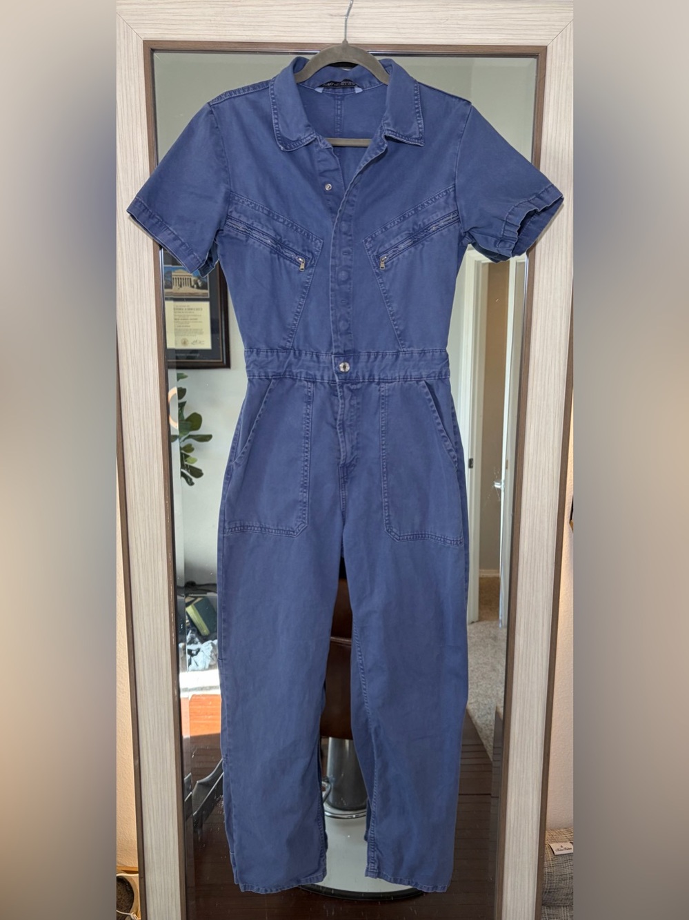 Zara Women’s Blue Denim Front Zips Jumpsuit Short Sleeve Straight Leg Sz Small